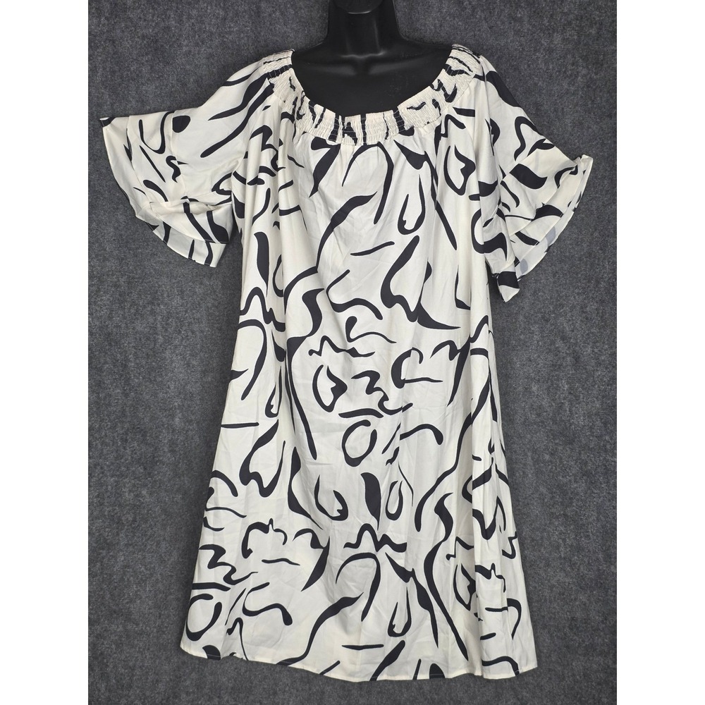 White & Black Abstract Print Ruffle Sleeve Dress Women Size 5XL Plus Size Work